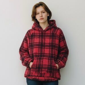 PINK VICTORIAS SECRET~Red & Black Plaid Fleece Sherpa Pullover Hoodie Jacket~133